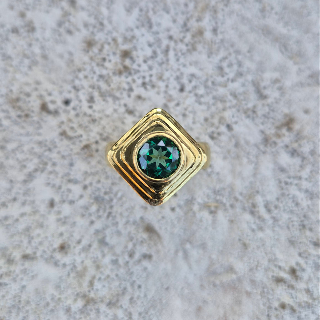 Green Topaz, Round Cut, Faceted Ring, Art Deco, Modern, Ancient style, Geometric Ring, Hand-Made