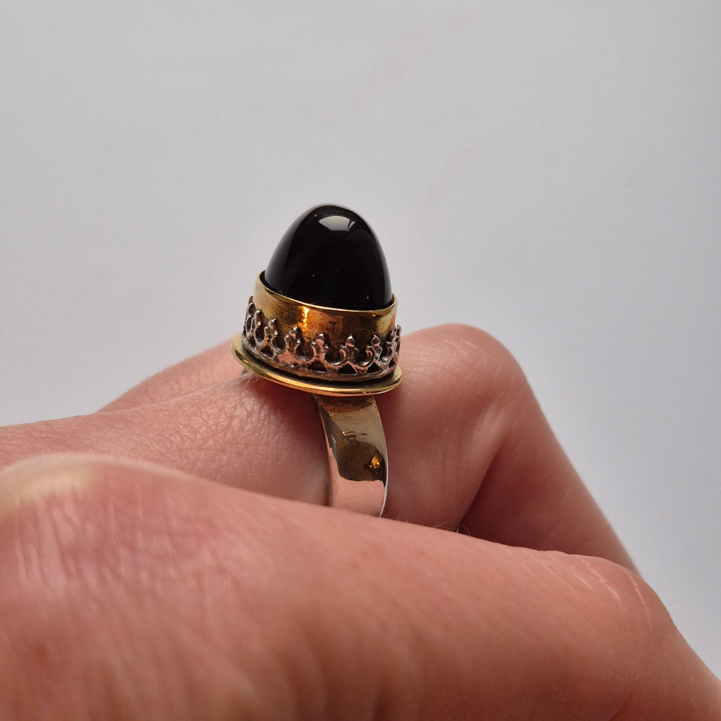 Obsidian silver - silver ring in brass bezel setting, handmade, Gothic, Bohemian style
