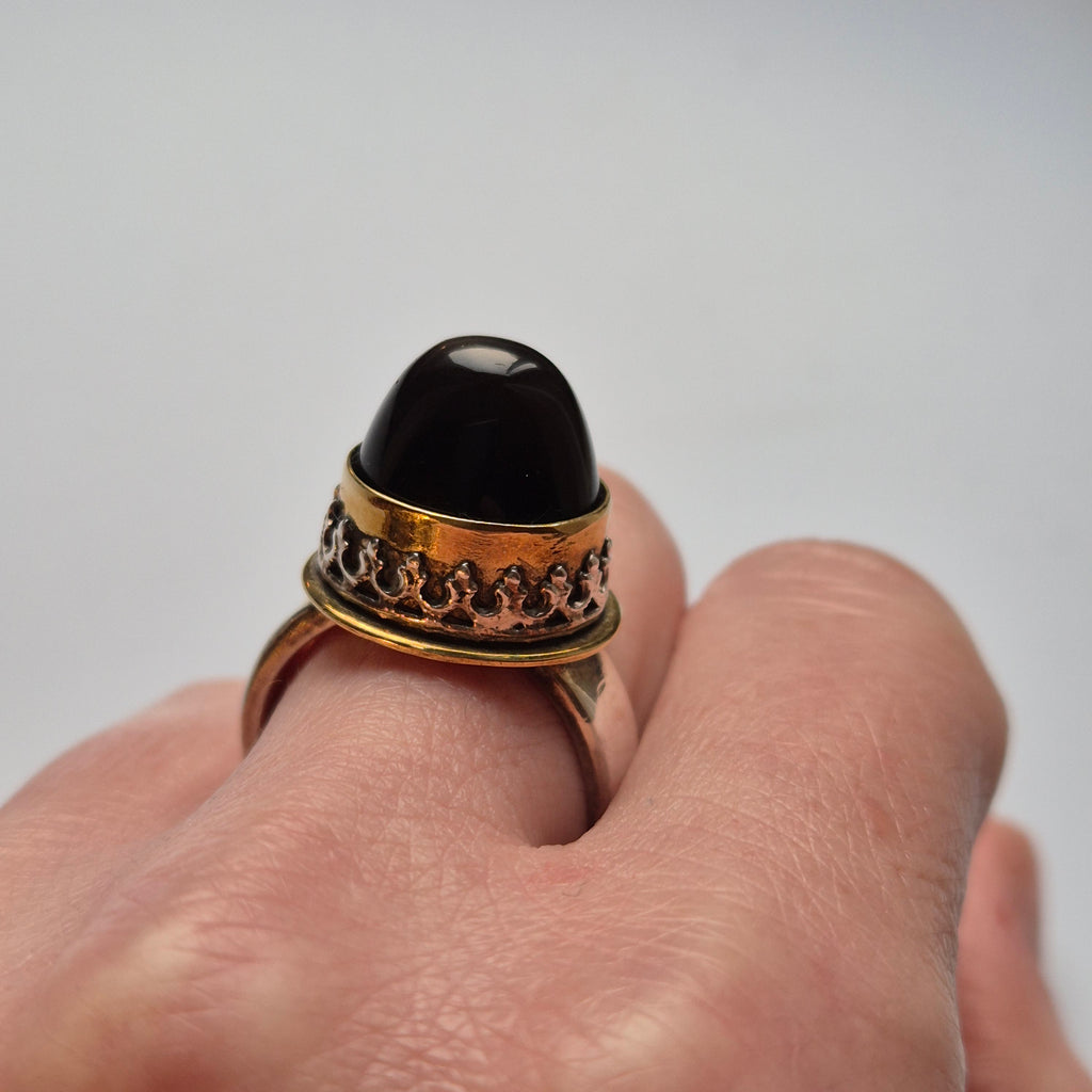 Obsidian silver - silver ring in brass bezel setting, handmade, Gothic, Bohemian style