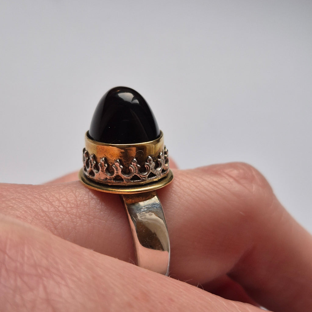 Obsidian silver - silver ring in brass bezel setting, handmade, Gothic, Bohemian style