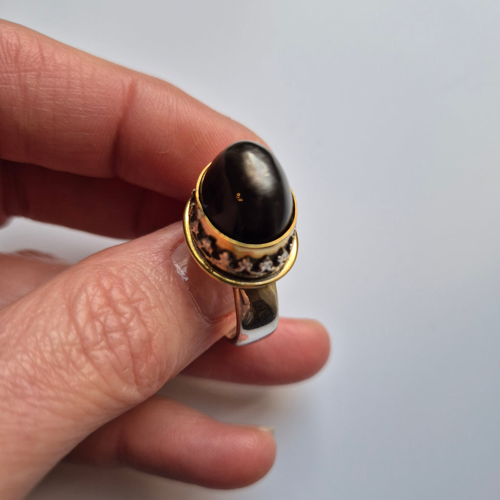 Obsidian silver - silver ring in brass bezel setting, handmade, Gothic, Bohemian style