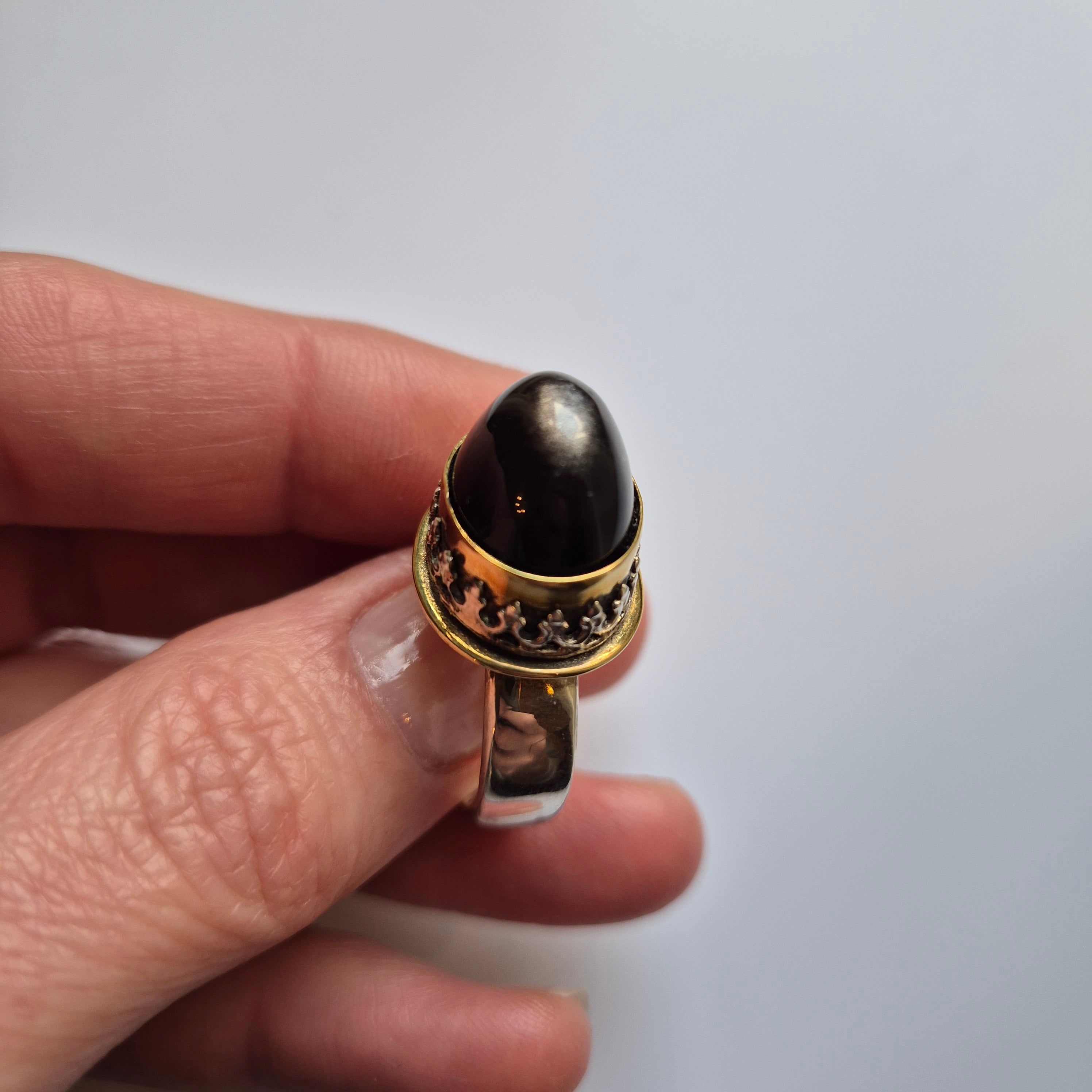 Obsidian silver - silver ring in brass bezel setting, handmade, Gothic, Bohemian style