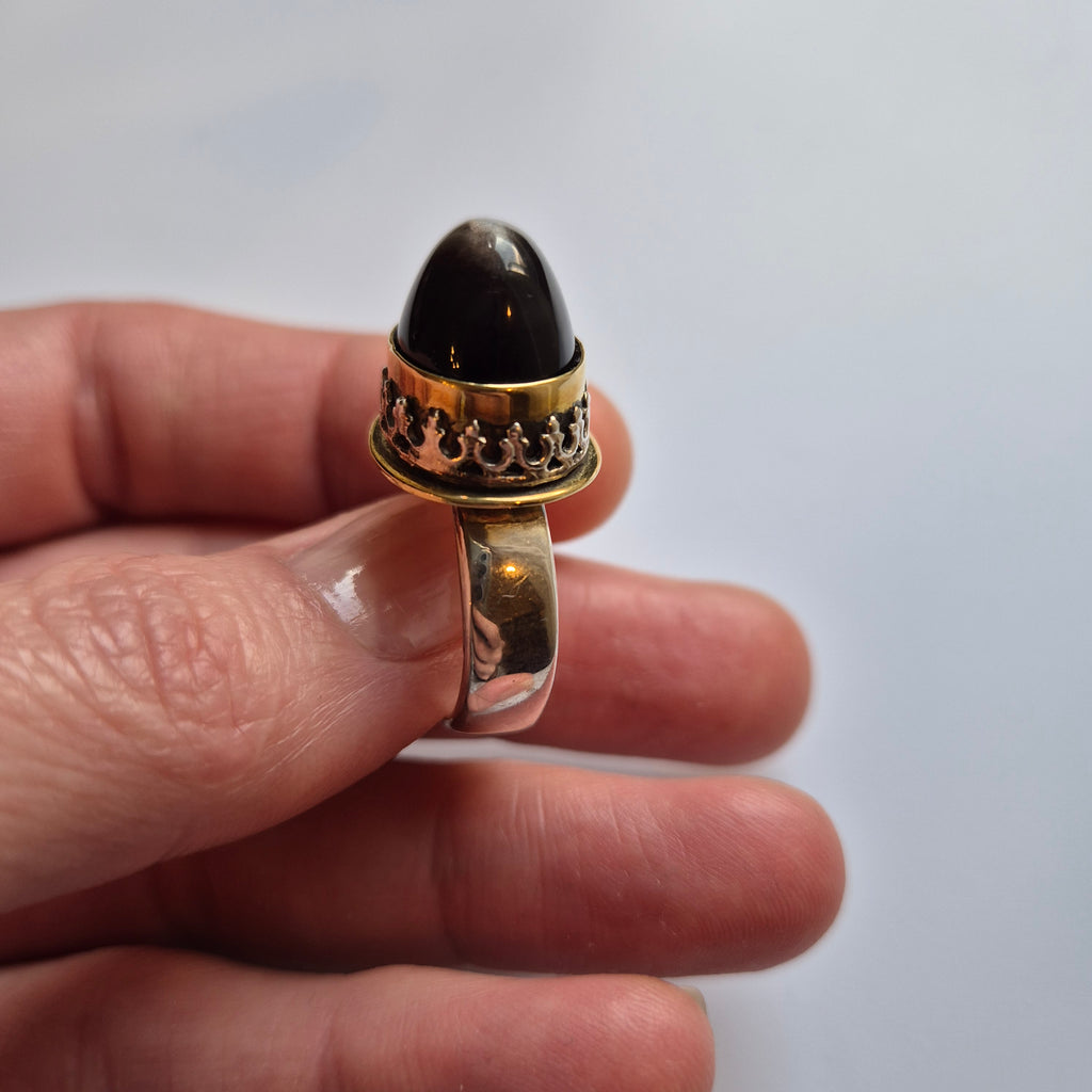 Obsidian silver - silver ring in brass bezel setting, handmade, Gothic, Bohemian style