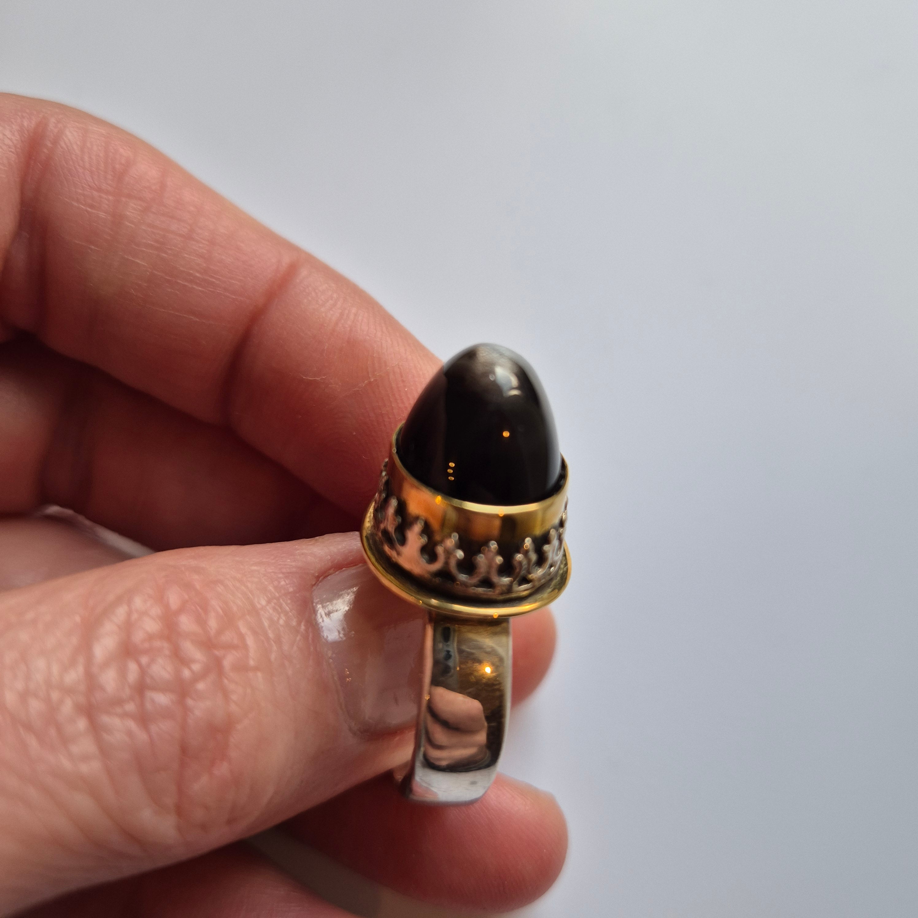 Obsidian silver - silver ring in brass bezel setting, handmade, Gothic, Bohemian style