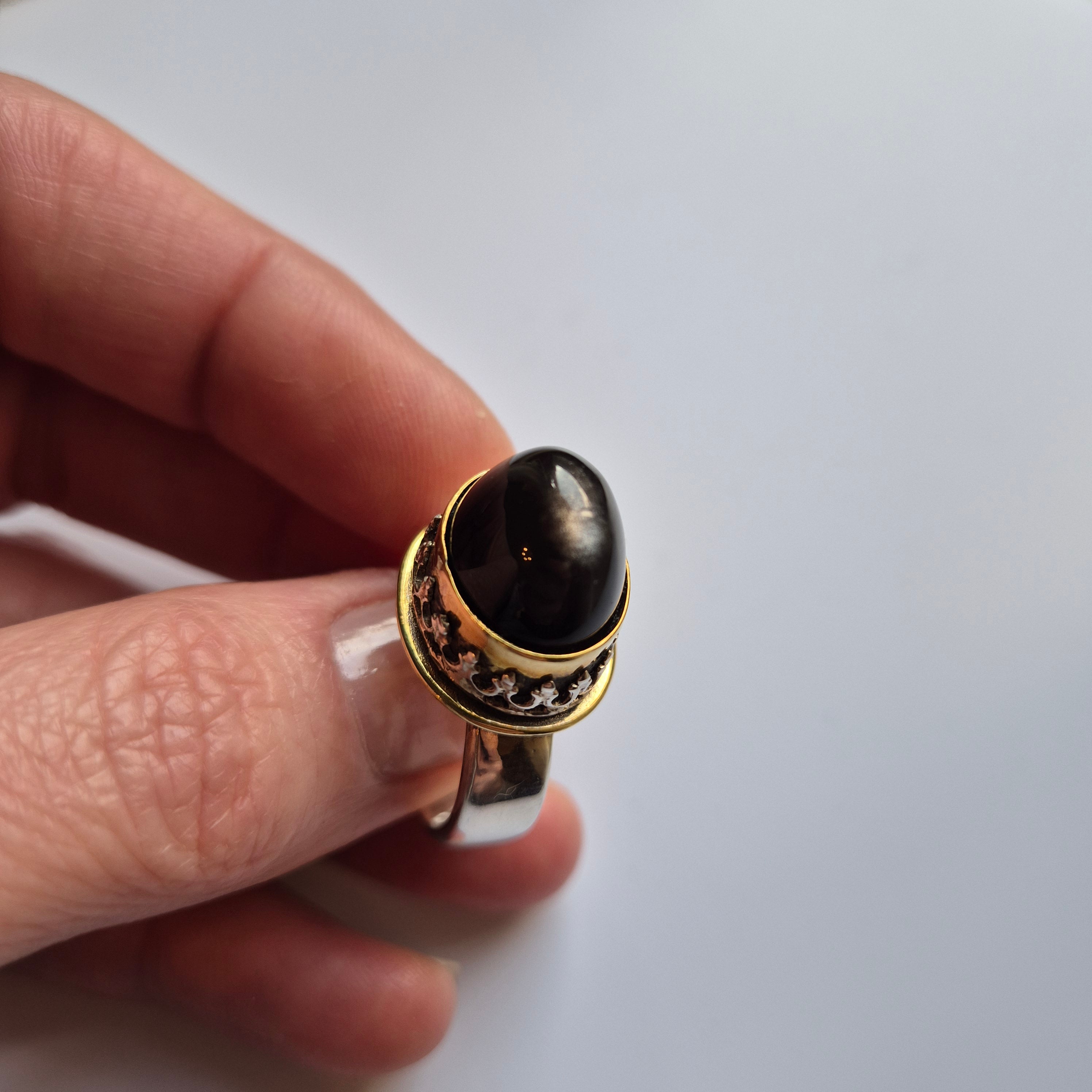 Obsidian silver - silver ring in brass bezel setting, handmade, Gothic, Bohemian style