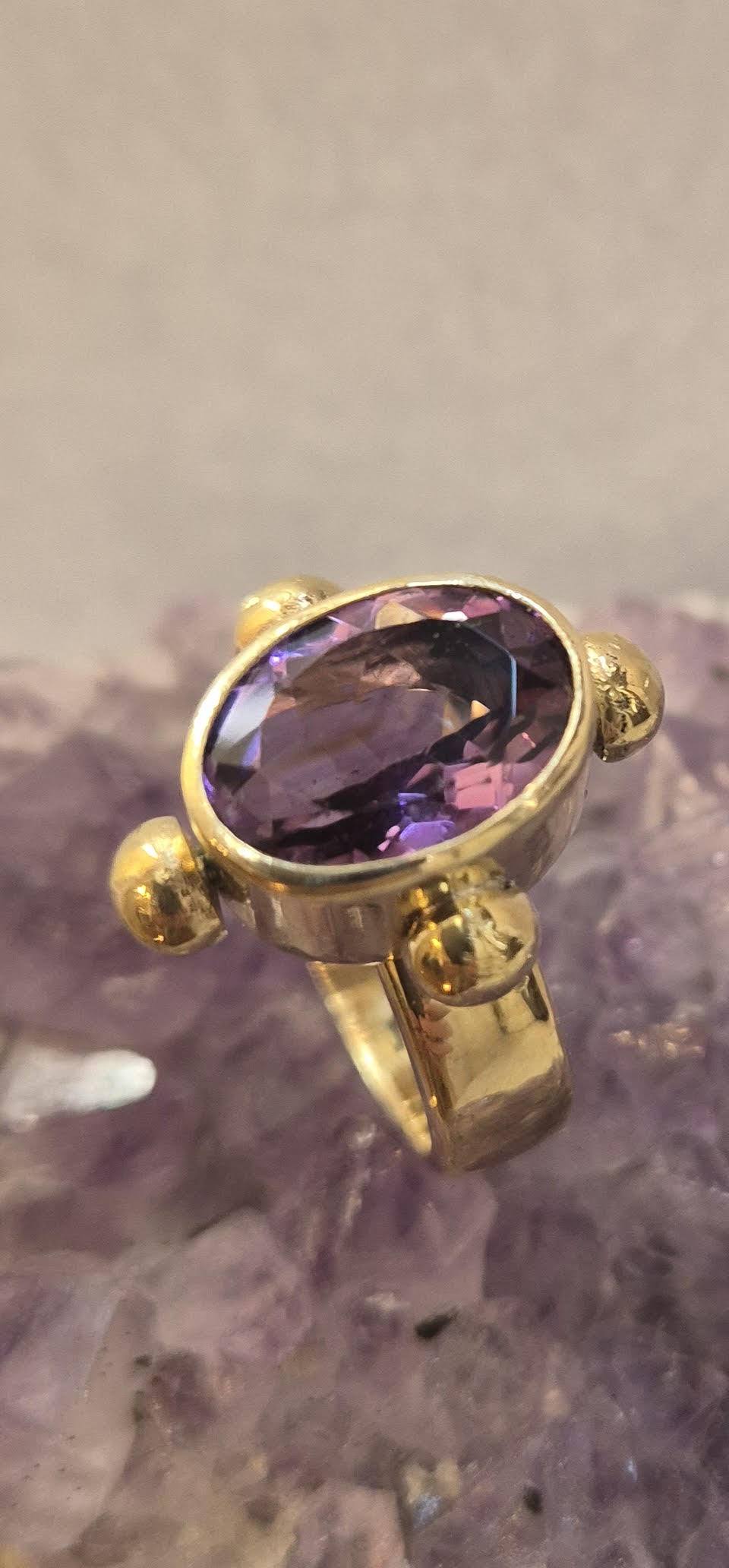 Joanna - large, oval, faceted, amethyst ring, bold, ancient style, brass ring, sterling silver ring