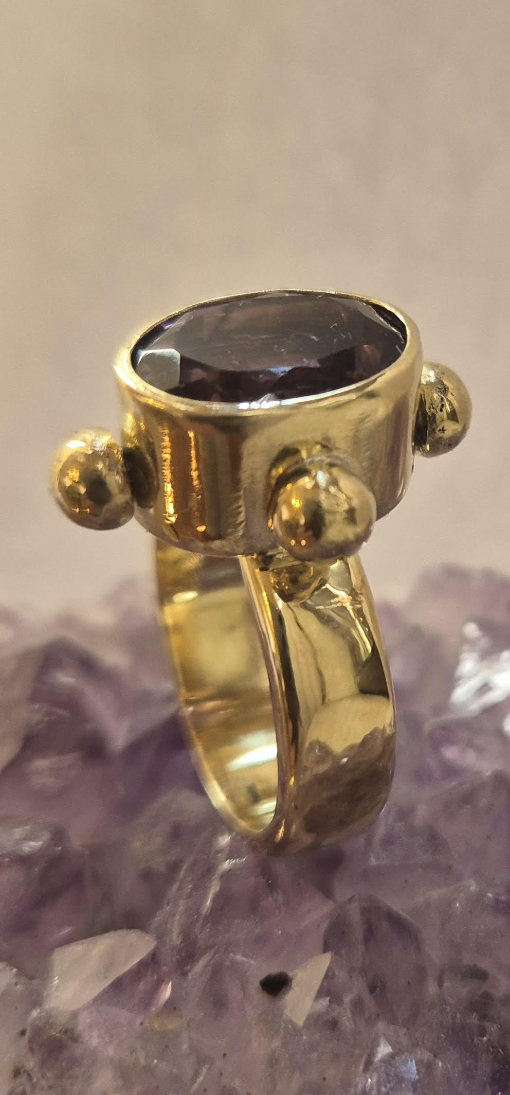 Joanna - large, oval, faceted, amethyst ring, bold, ancient style, brass ring, sterling silver ring