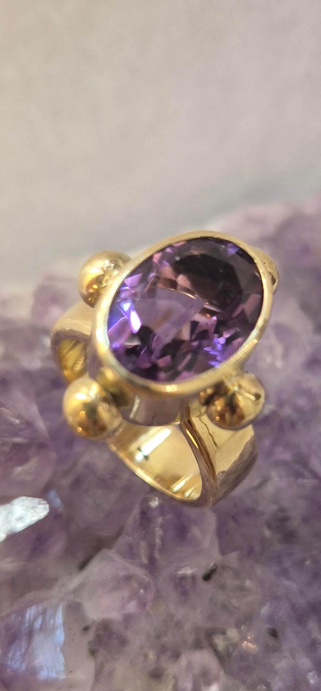 Joanna - large, oval, faceted, amethyst ring, bold, ancient style, brass ring, sterling silver ring