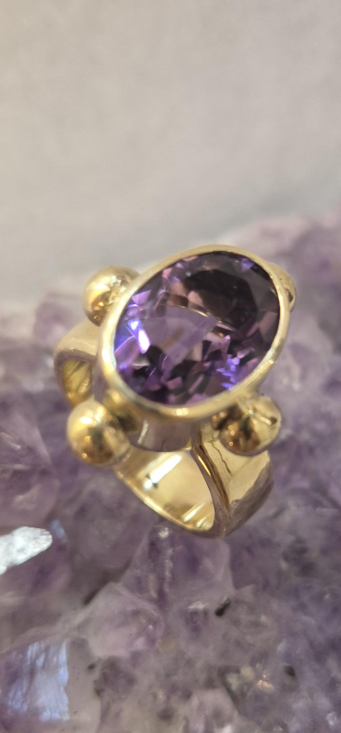 Joanna - large, oval, faceted, amethyst ring, bold, ancient style, brass ring, sterling silver ring