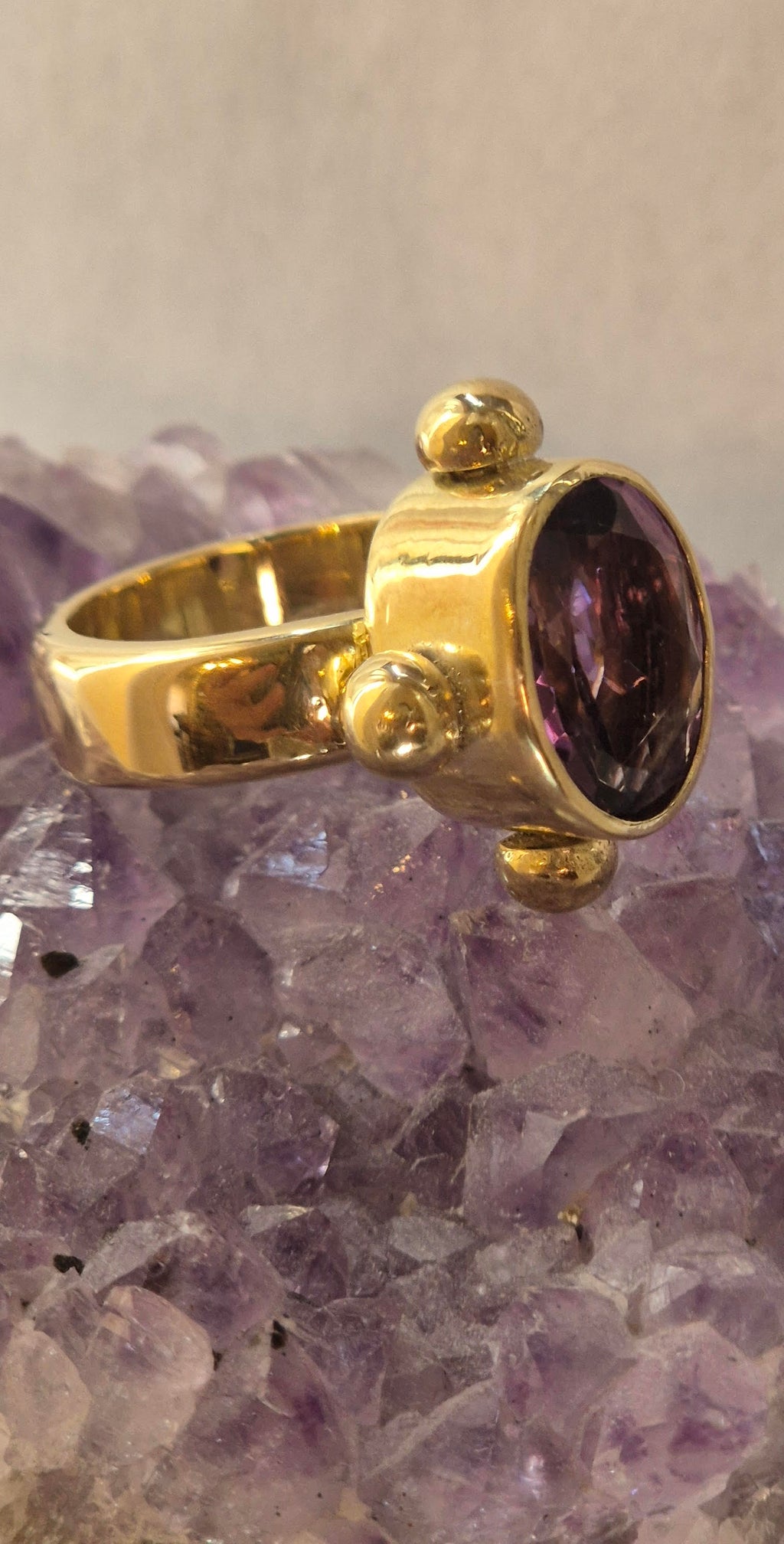 Joanna - large, oval, faceted, amethyst ring, bold, ancient style, brass ring, sterling silver ring