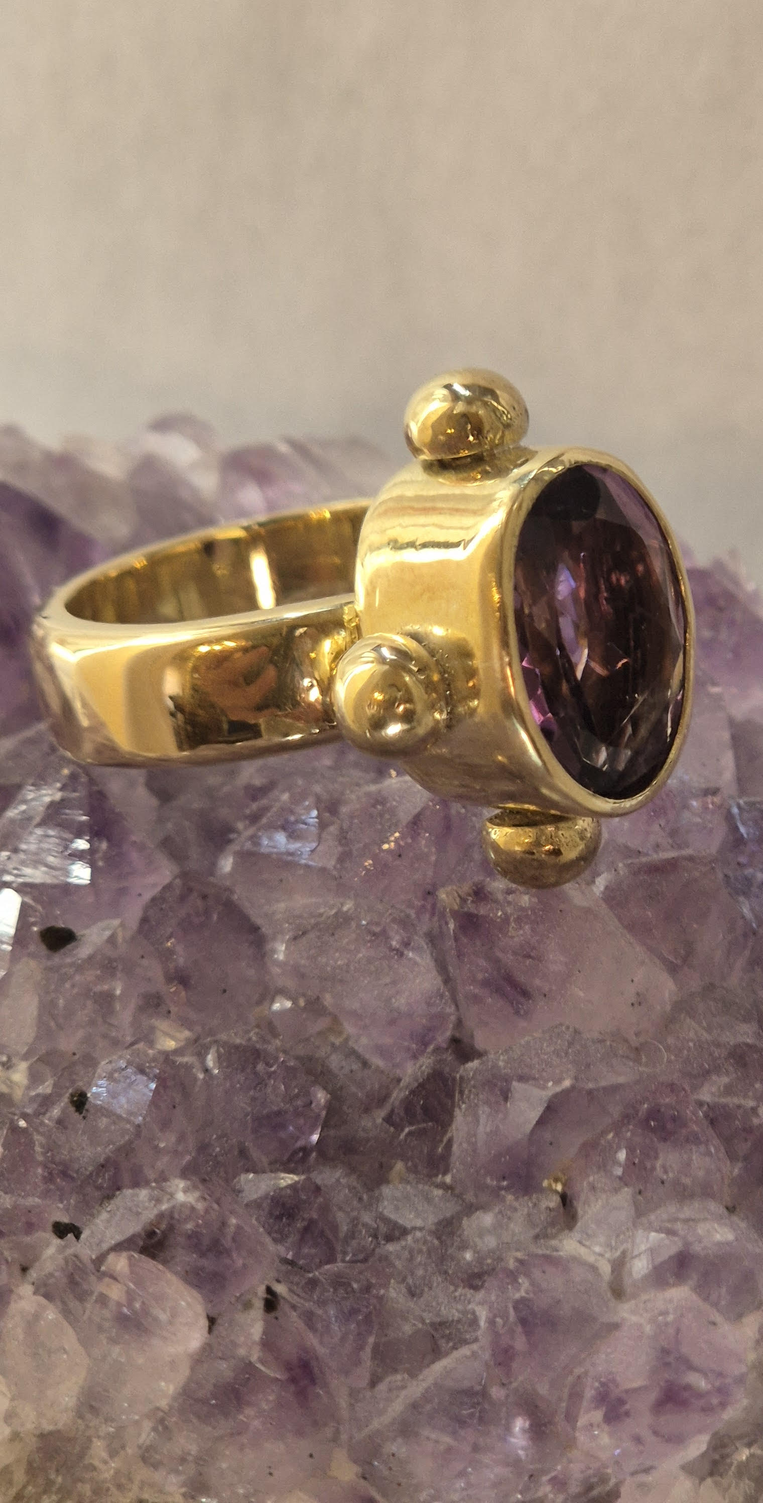 Joanna - large, oval, faceted, amethyst ring, bold, ancient style, brass ring, sterling silver ring