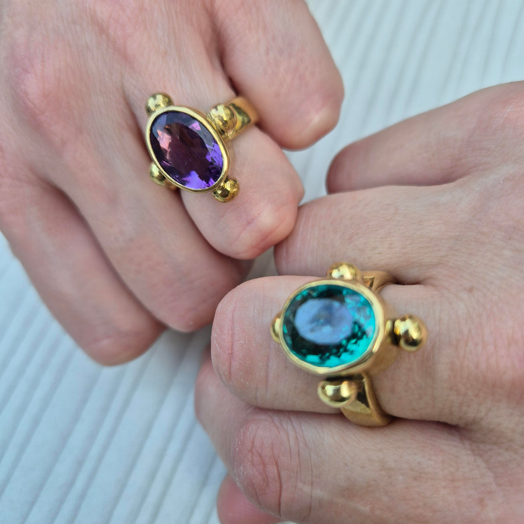 Joanna - large, oval, faceted, amethyst ring, bold, ancient style, brass ring, sterling silver ring