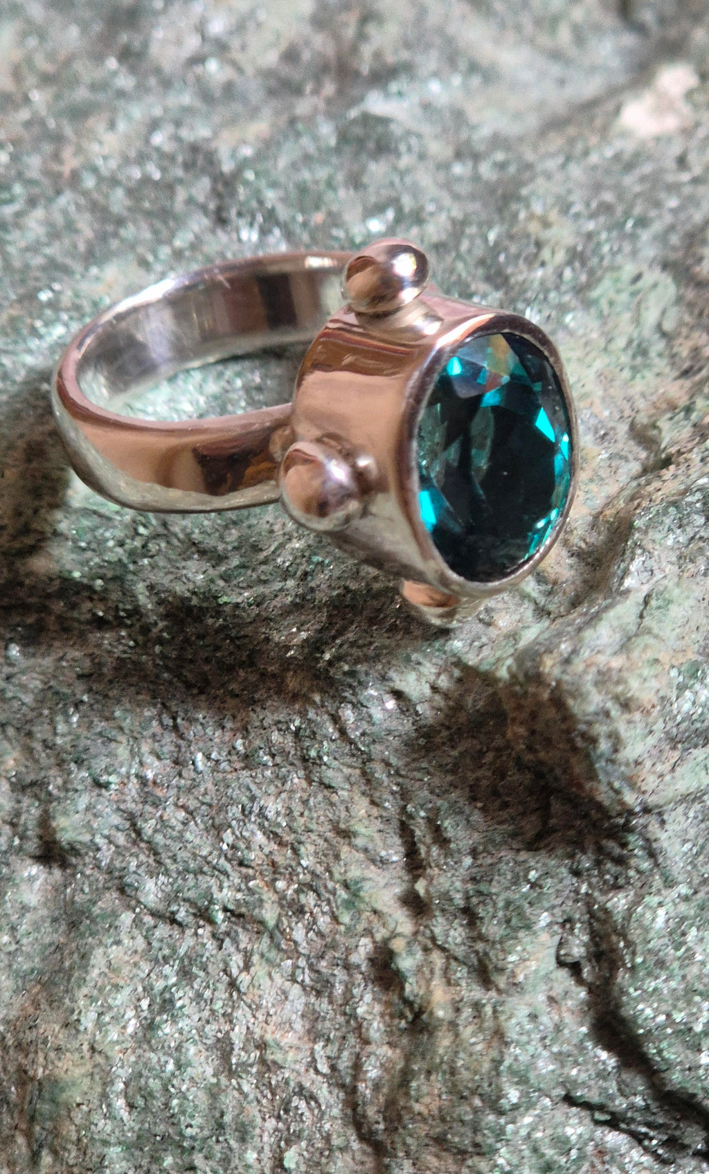 Joanna – large, oval, faceted, green topaz ring, ancient style, sterling silver ring