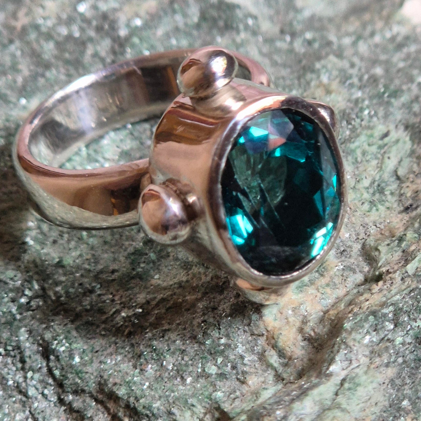 Joanna – large, oval, faceted, green topaz ring, ancient style, sterling silver ring