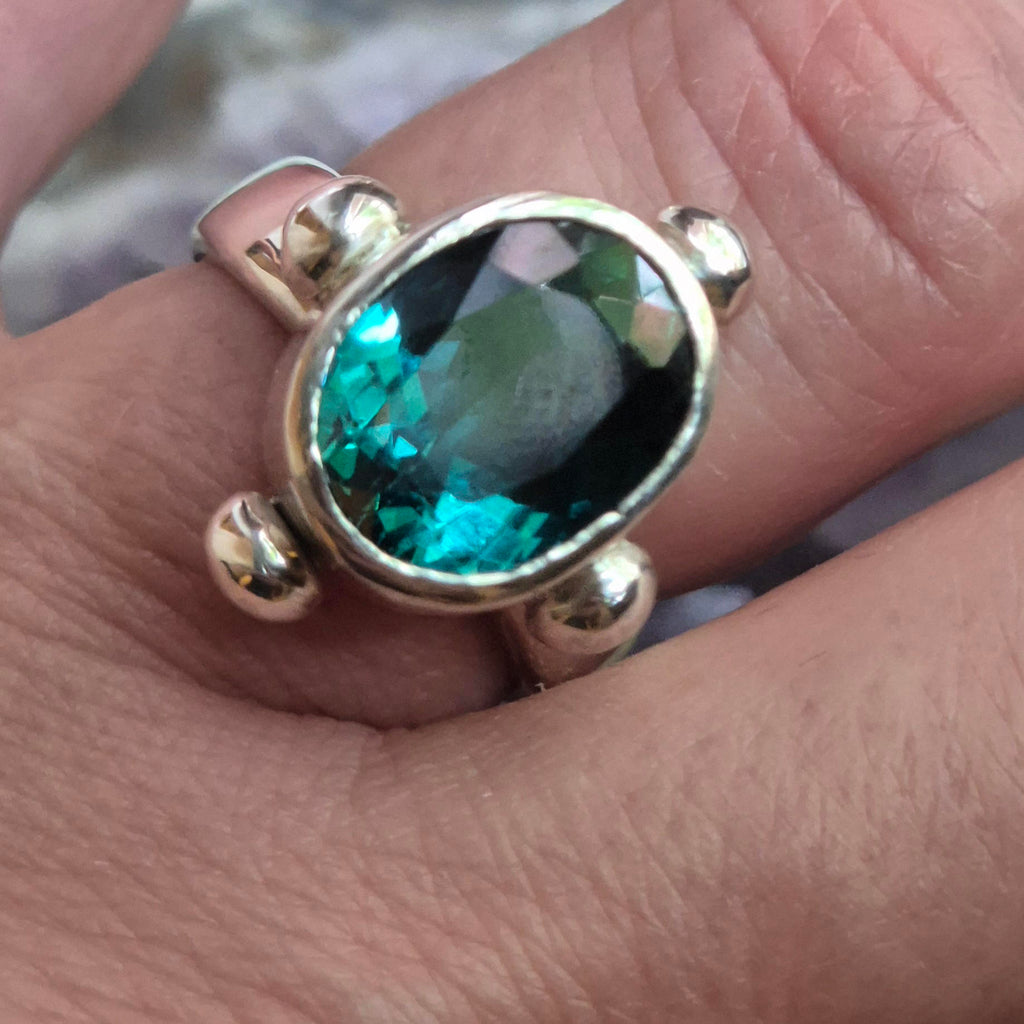 Joanna – large, oval, faceted, green topaz ring, ancient style, sterling silver ring