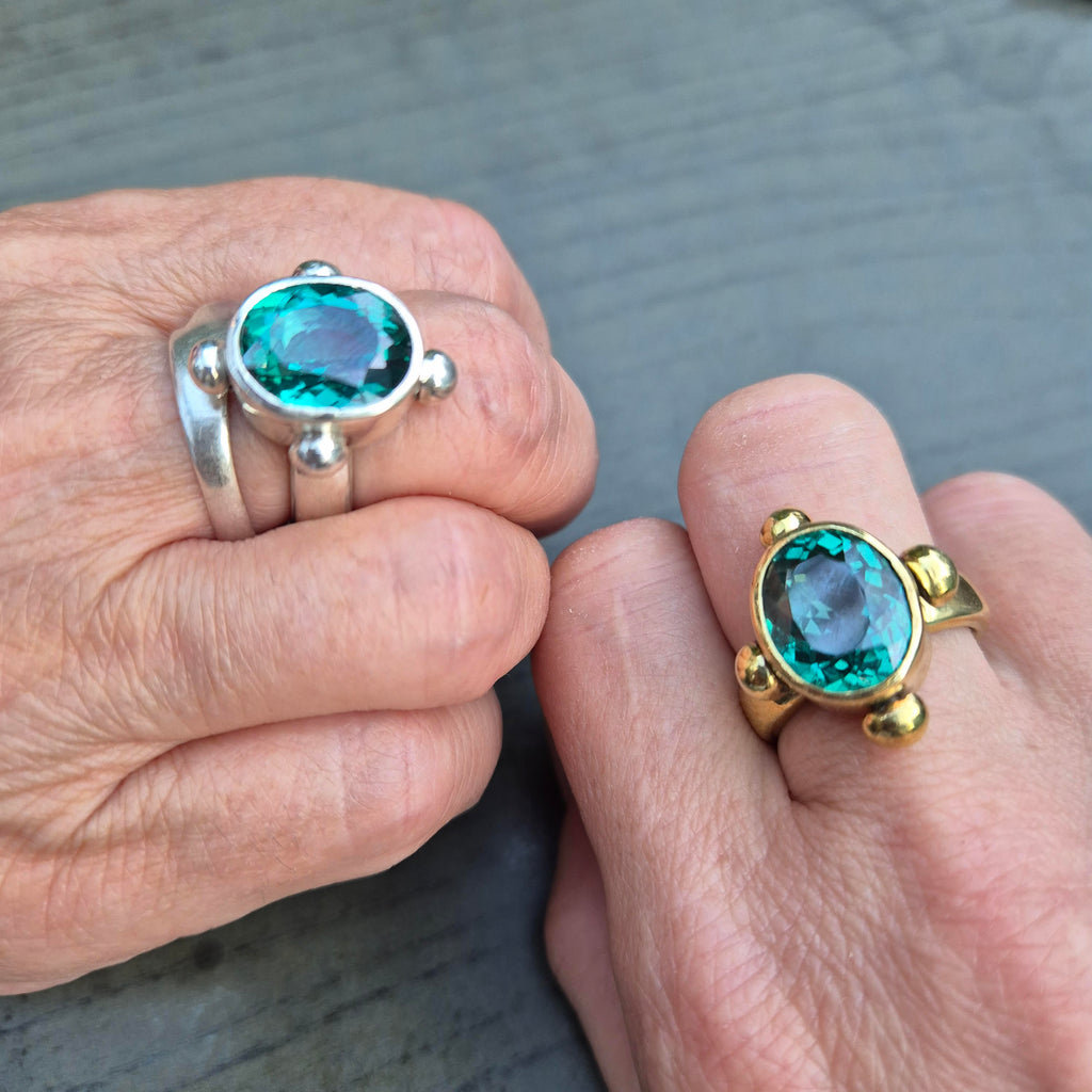 Joanna – large, oval, faceted, green topaz ring, ancient style, sterling silver ring