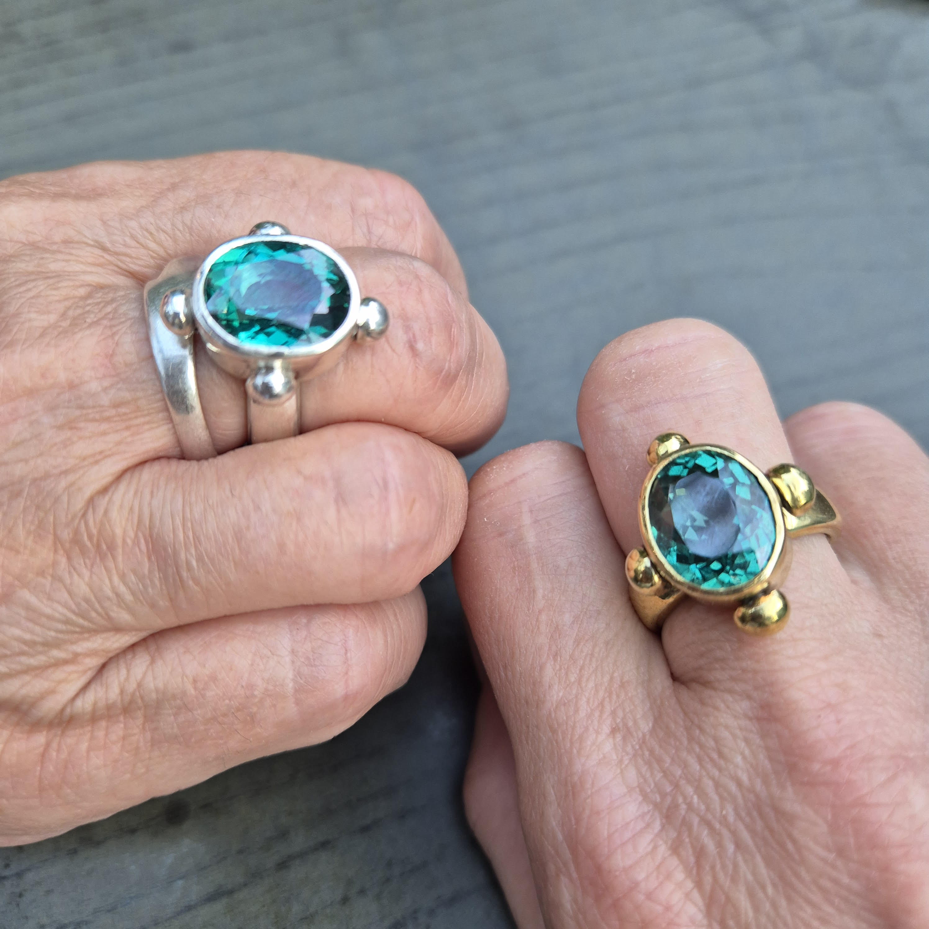 Joanna – large, oval, faceted, green topaz ring, ancient style, sterling silver ring