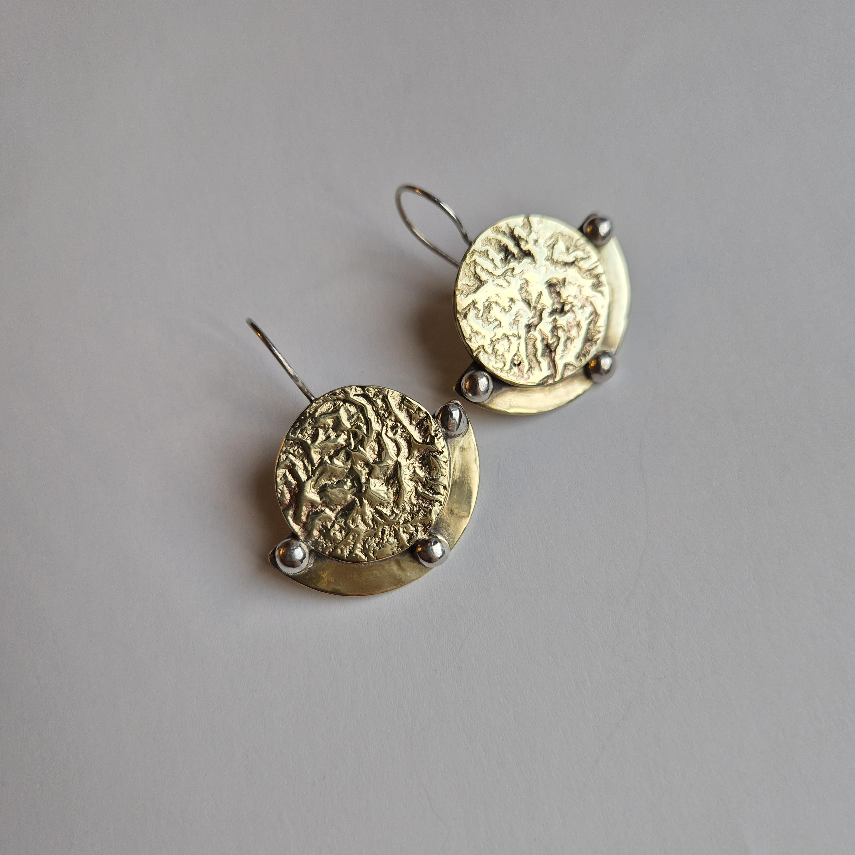 Sun shield collection earrings Lunae 1 – bold, statement, brass, silver, drop earrings