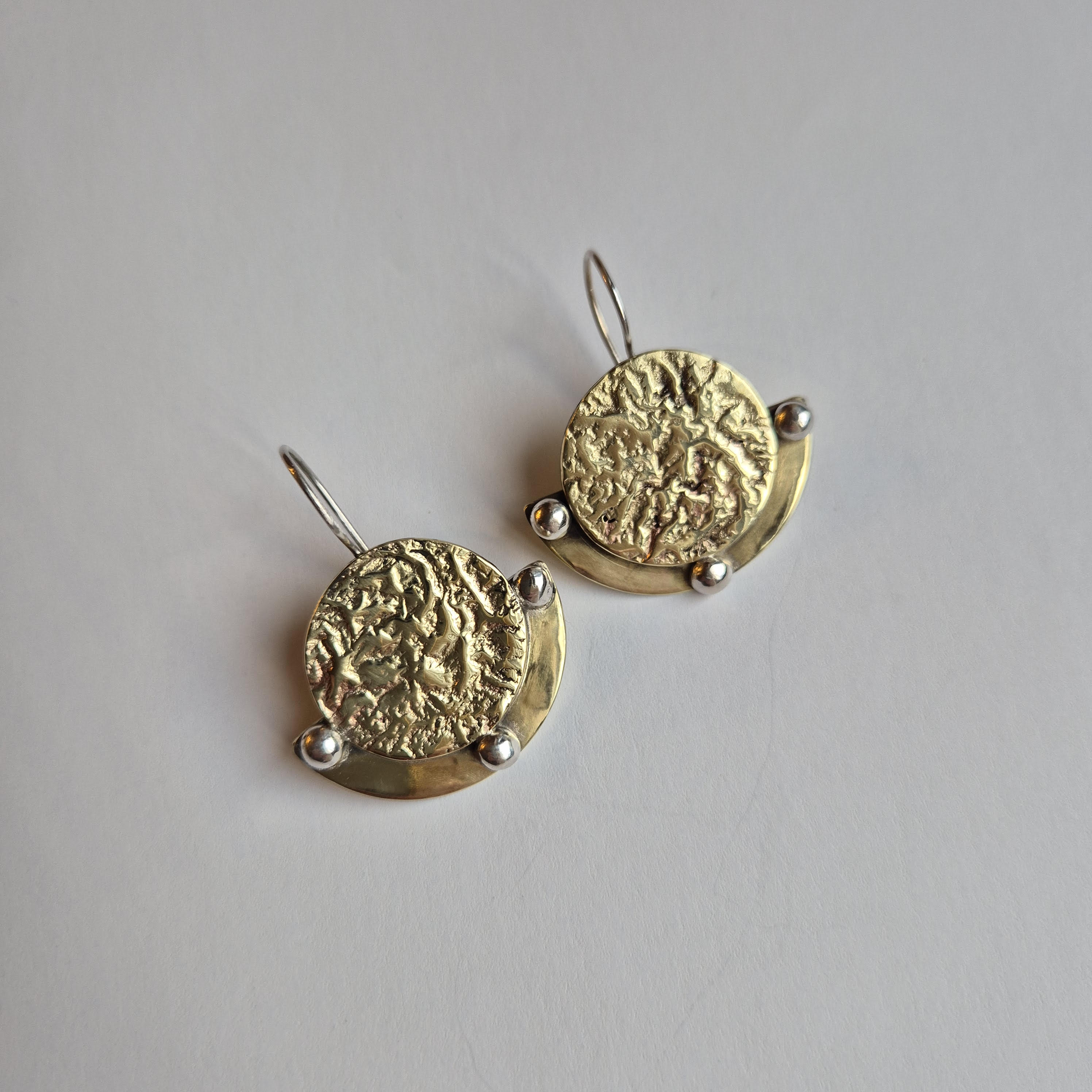 Sun shield collection earrings Lunae 1 – bold, statement, brass, silver, drop earrings