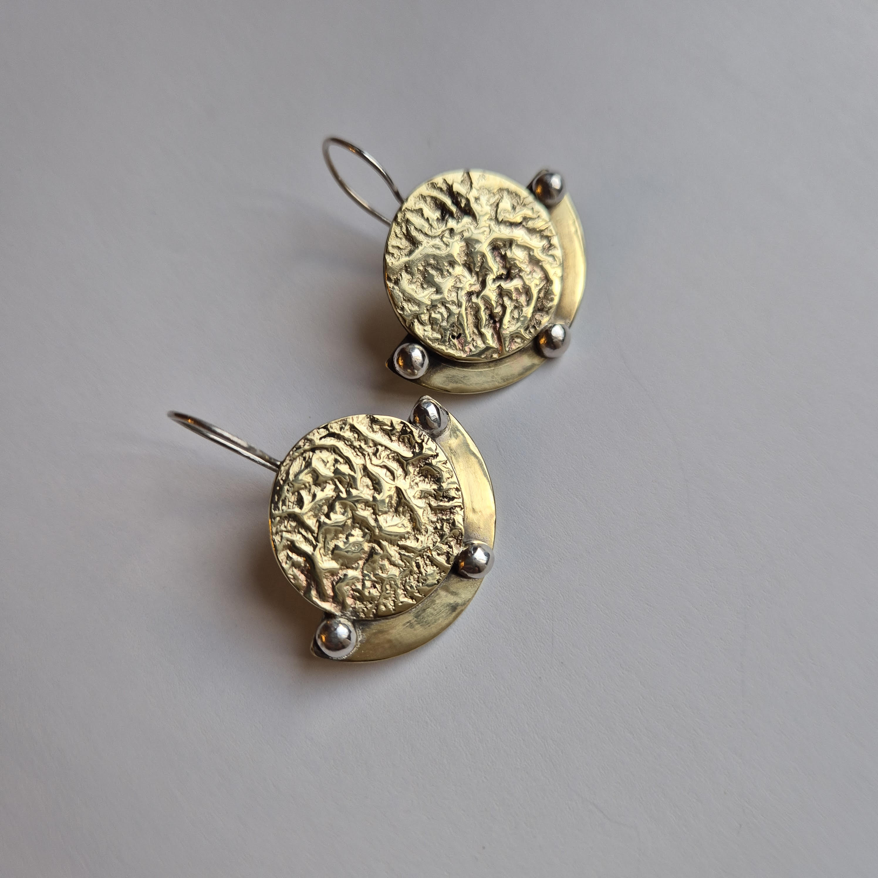 Sun shield collection earrings Lunae 1 – bold, statement, brass, silver, drop earrings