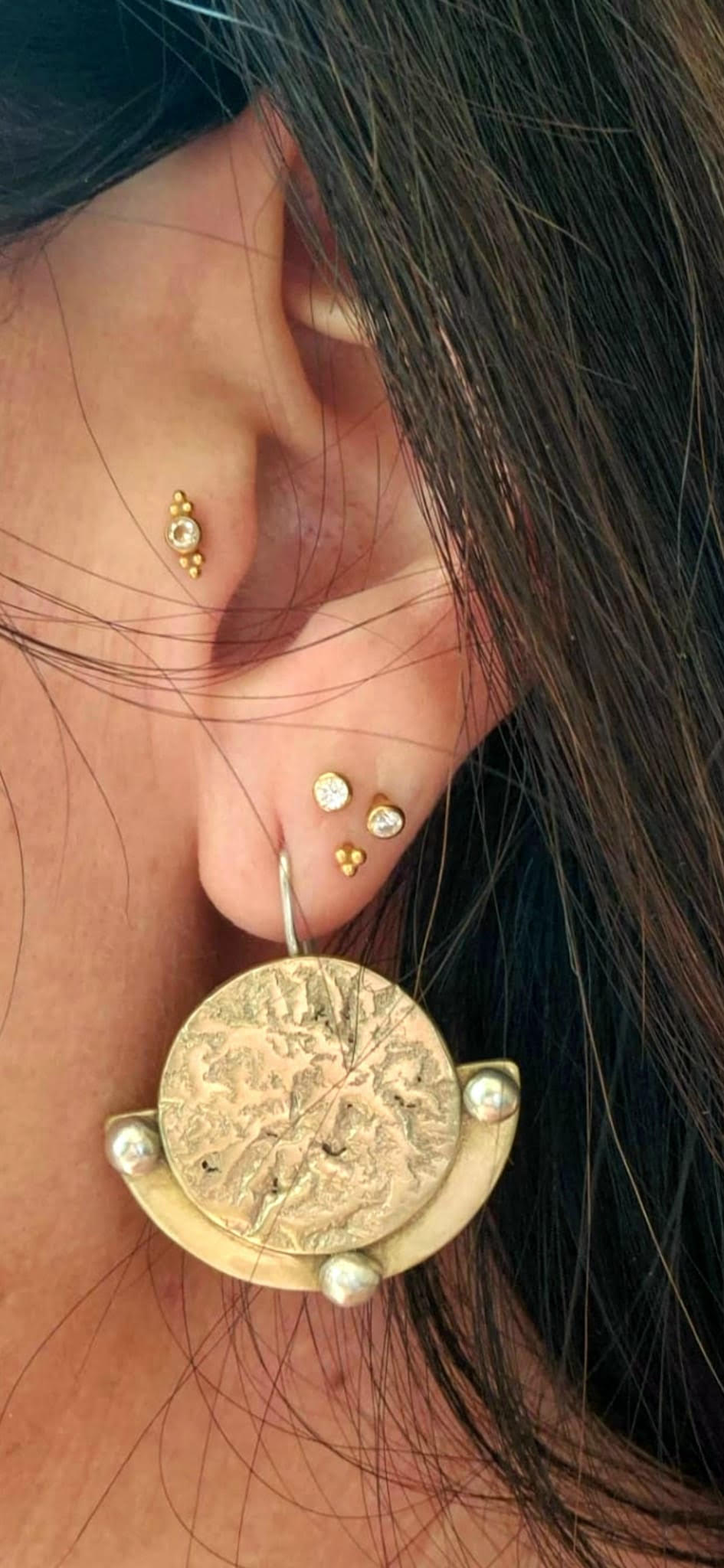 Sun shield collection earrings Lunae 1 – bold, statement, brass, silver, drop earrings