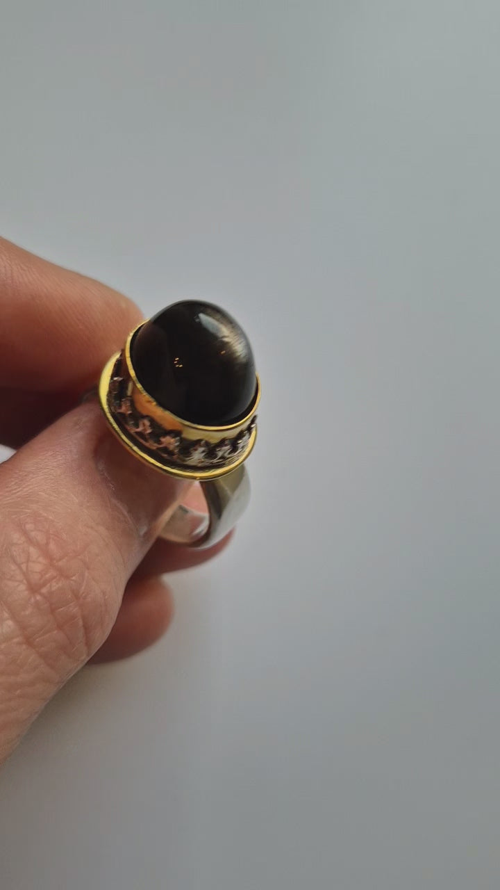 Obsidian silver - silver ring in brass bezel setting, handmade, Gothic, Bohemian style