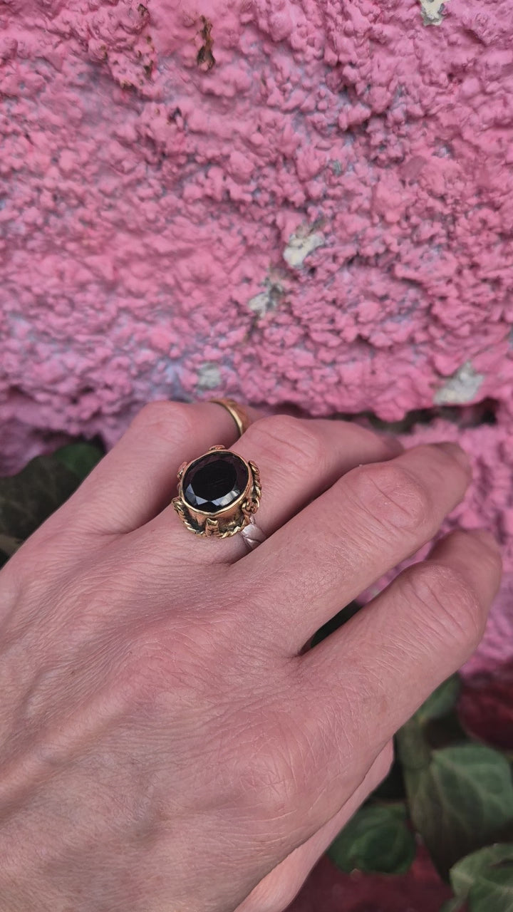 Agata – Oval Cut, Faceted, Black Spinel Ring – Sterling Silver, Brass, Vintage, Filigree