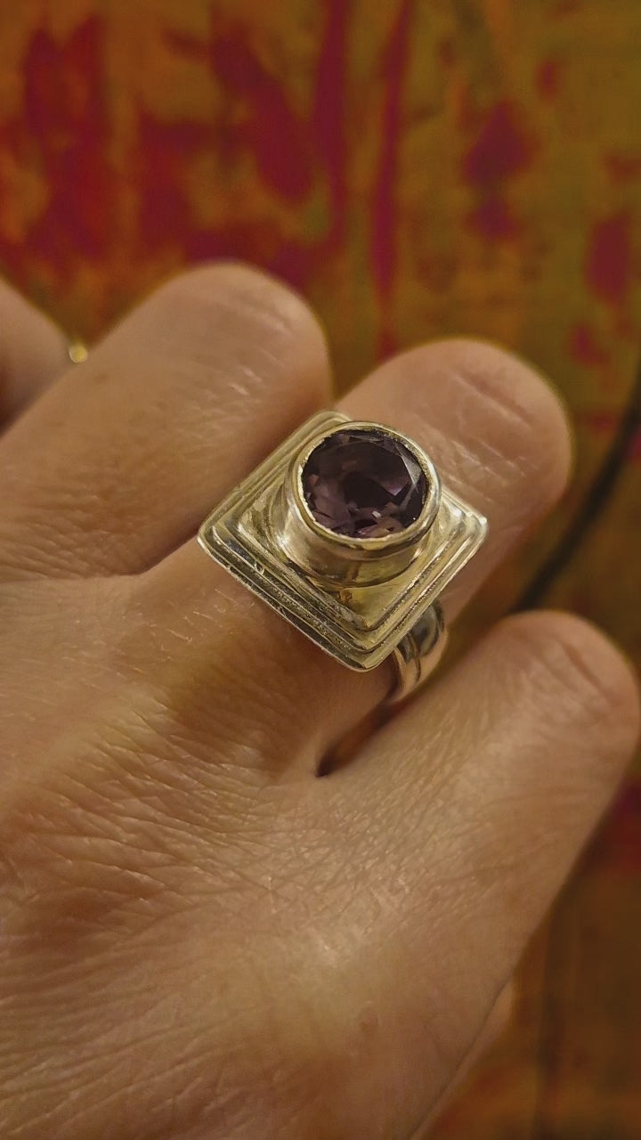 Amethyst Round Cut, Faceted, Sterling Silver Ring, Art Deco, Modern Geometric