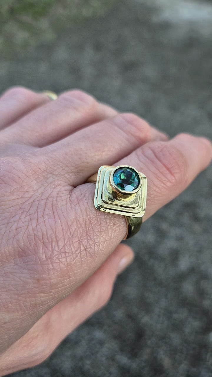 Green Topaz, Round Cut, Faceted Ring, Art Deco, Modern, Ancient style, Geometric Ring, Hand-Made