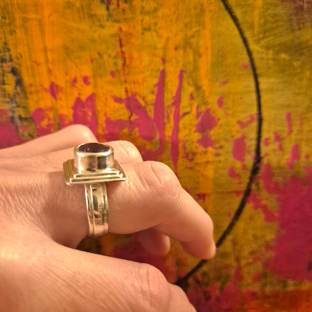 Amethyst Round Cut, Faceted, Sterling Silver Ring, Art Deco, Modern Geometric