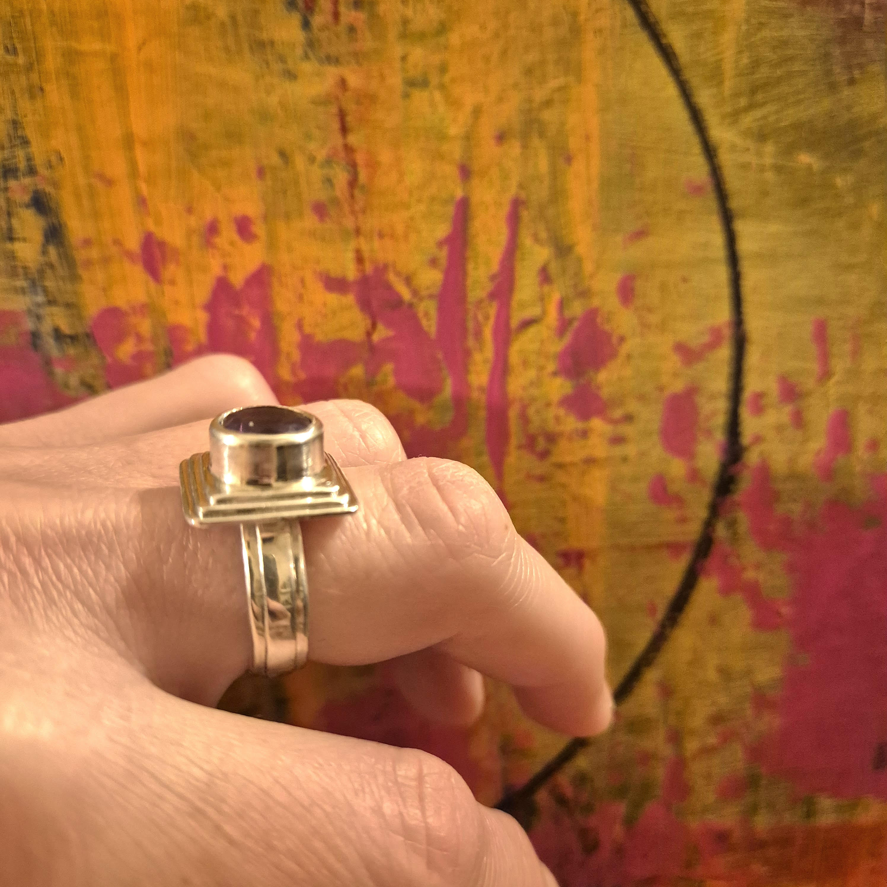 Amethyst Round Cut, Faceted, Sterling Silver Ring, Art Deco, Modern Geometric