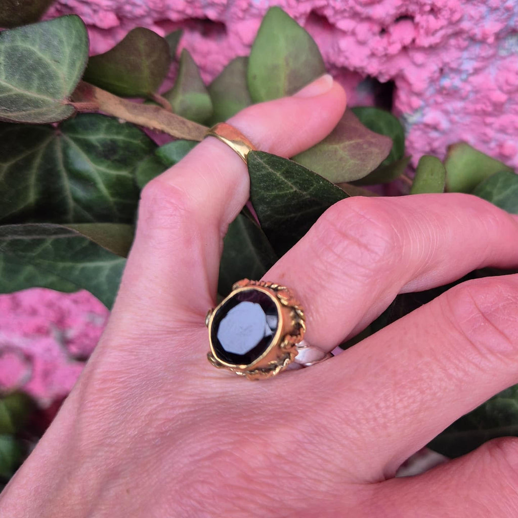 Agata – Oval Cut, Faceted, Black Spinel Ring – Sterling Silver, Brass, Vintage, Filigree