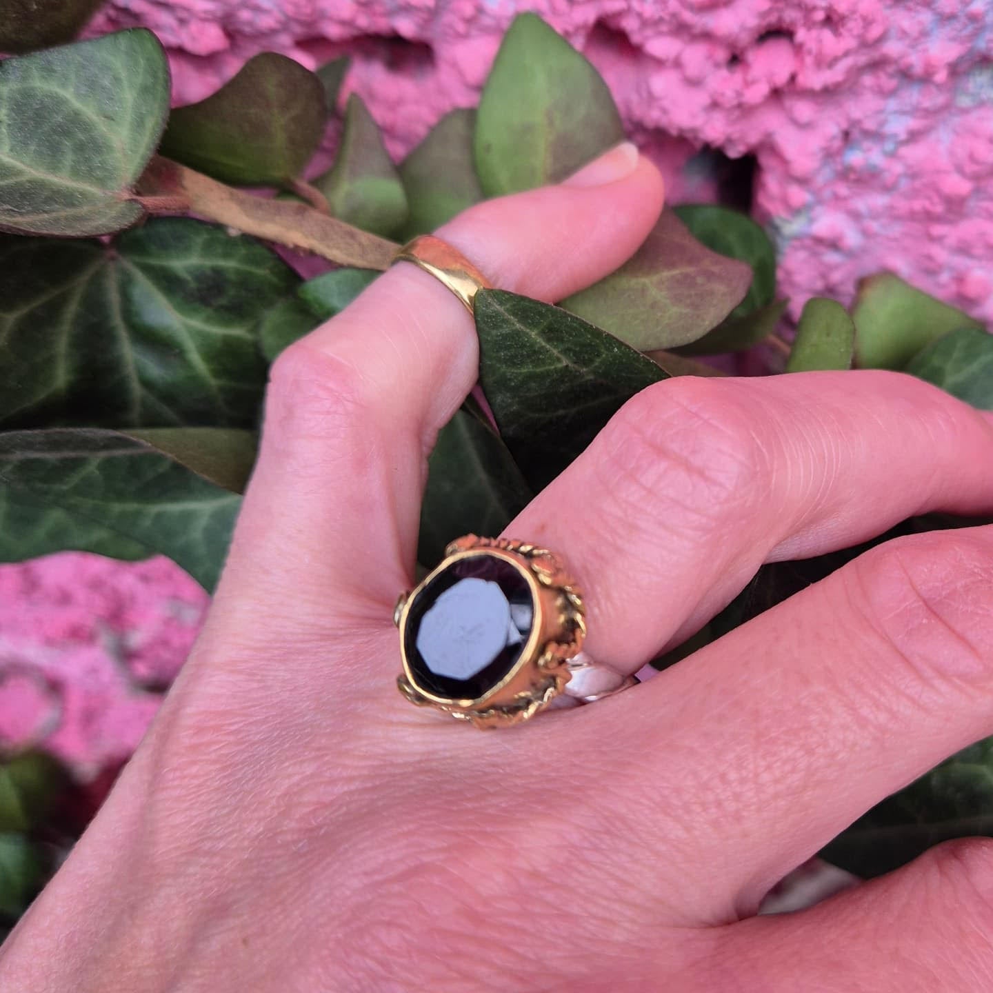 Agata – Oval Cut, Faceted, Black Spinel Ring – Sterling Silver, Brass, Vintage, Filigree