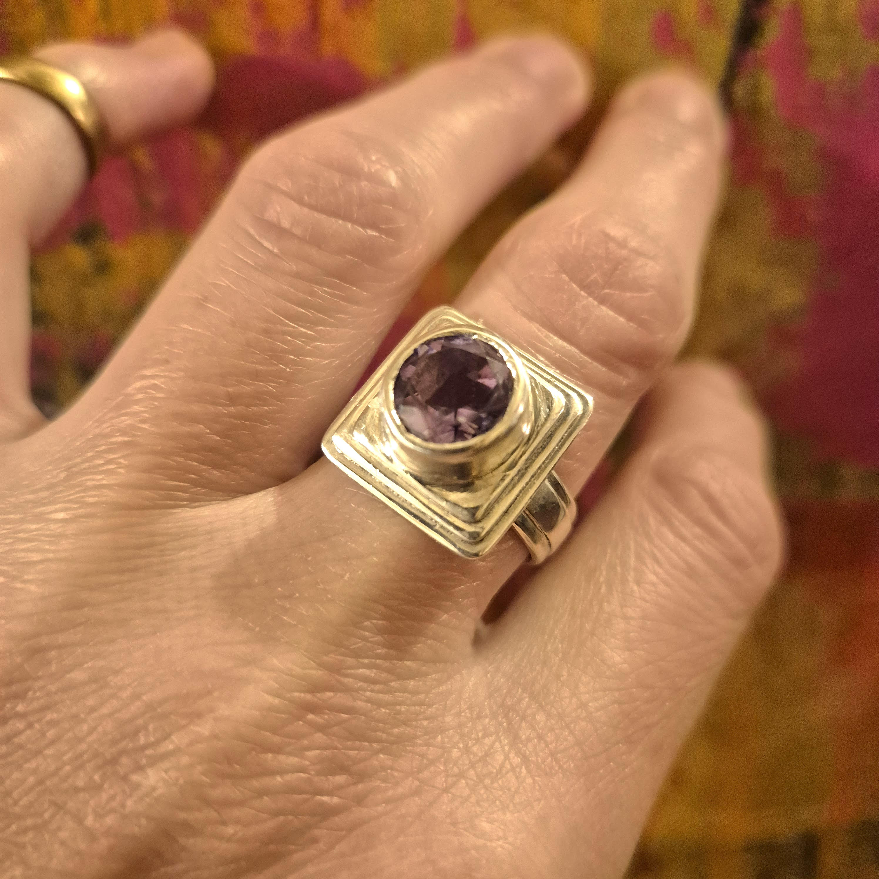 Amethyst Round Cut, Faceted, Sterling Silver Ring, Art Deco, Modern Geometric