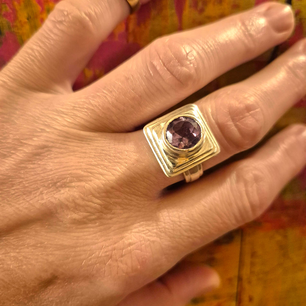 Amethyst Round Cut, Faceted, Sterling Silver Ring, Art Deco, Modern Geometric