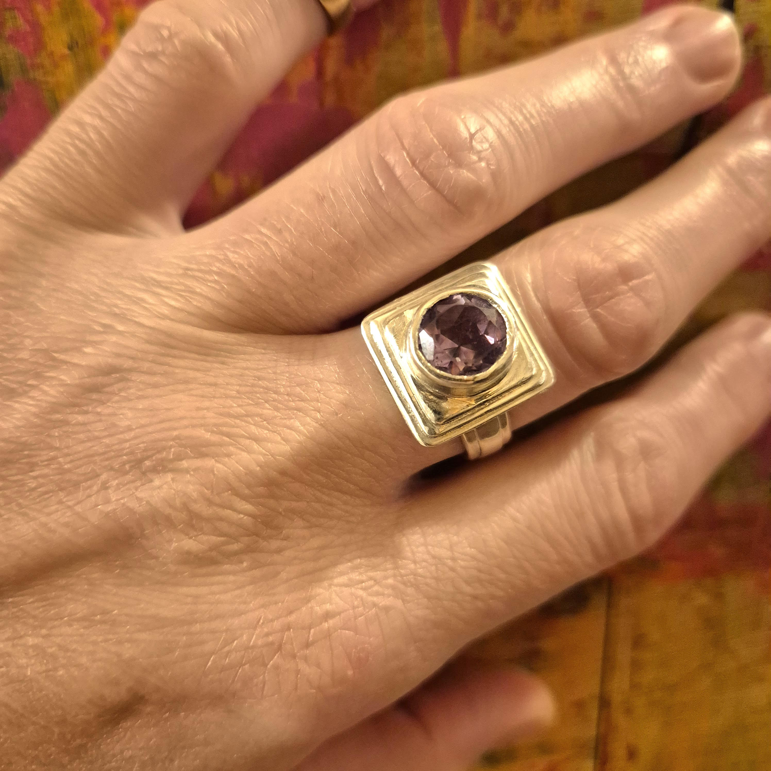 Amethyst Round Cut, Faceted, Sterling Silver Ring, Art Deco, Modern Geometric