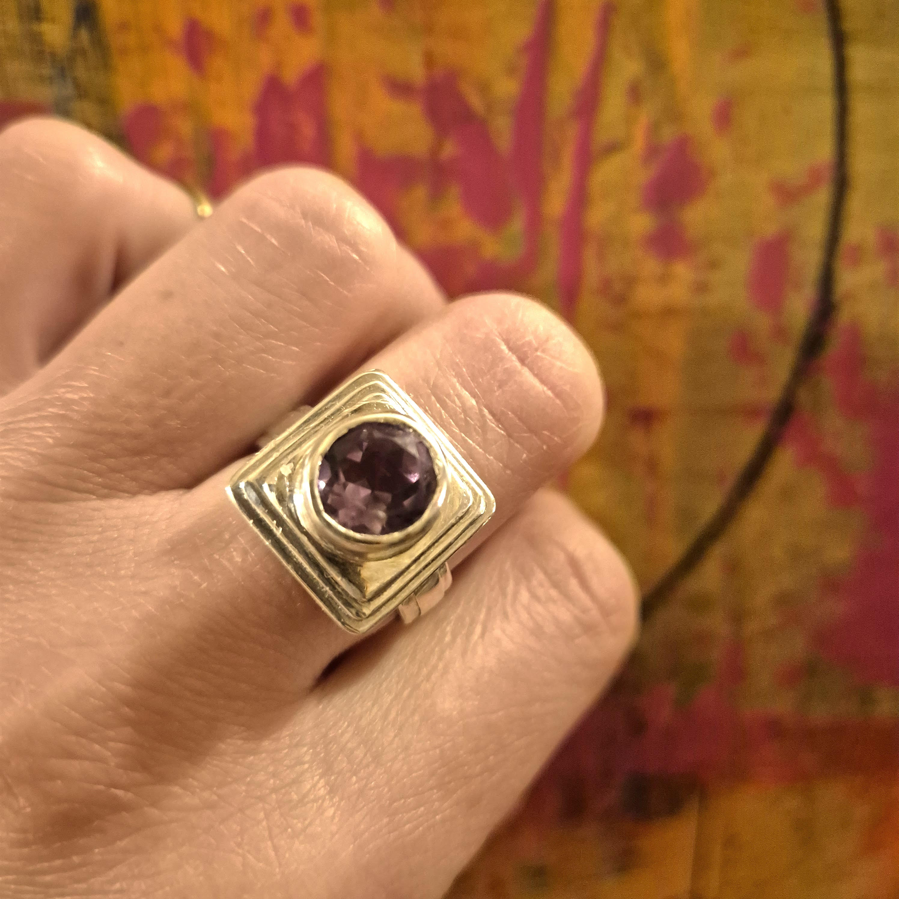 Amethyst Round Cut, Faceted, Sterling Silver Ring, Art Deco, Modern Geometric